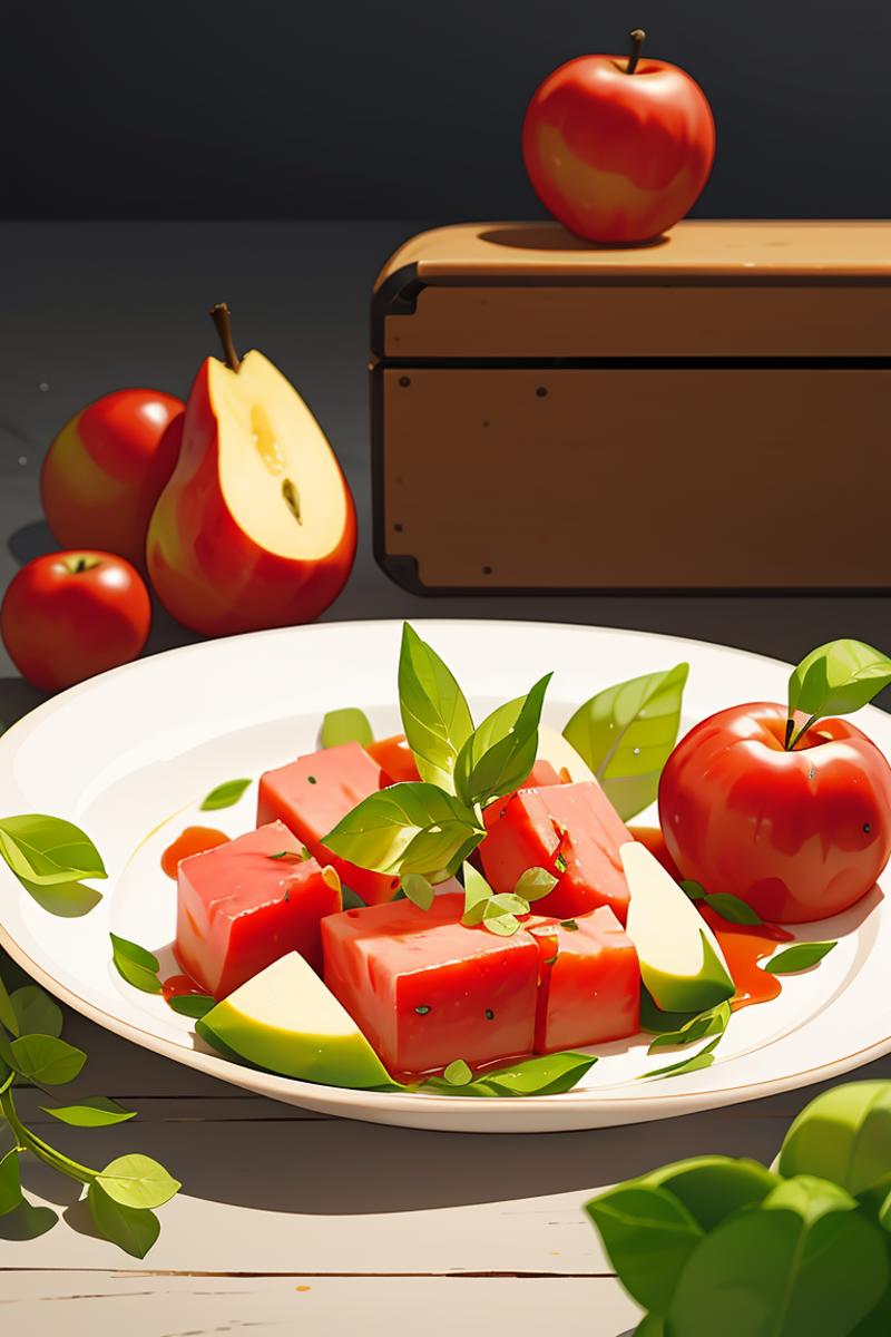 391189-1381437183-_lora_meishi_0.9_,no humans,food,food focus,blurry,still life,vegetable,plate,depth of field,leaf,realistic,fruit,tomatoes, pear.png